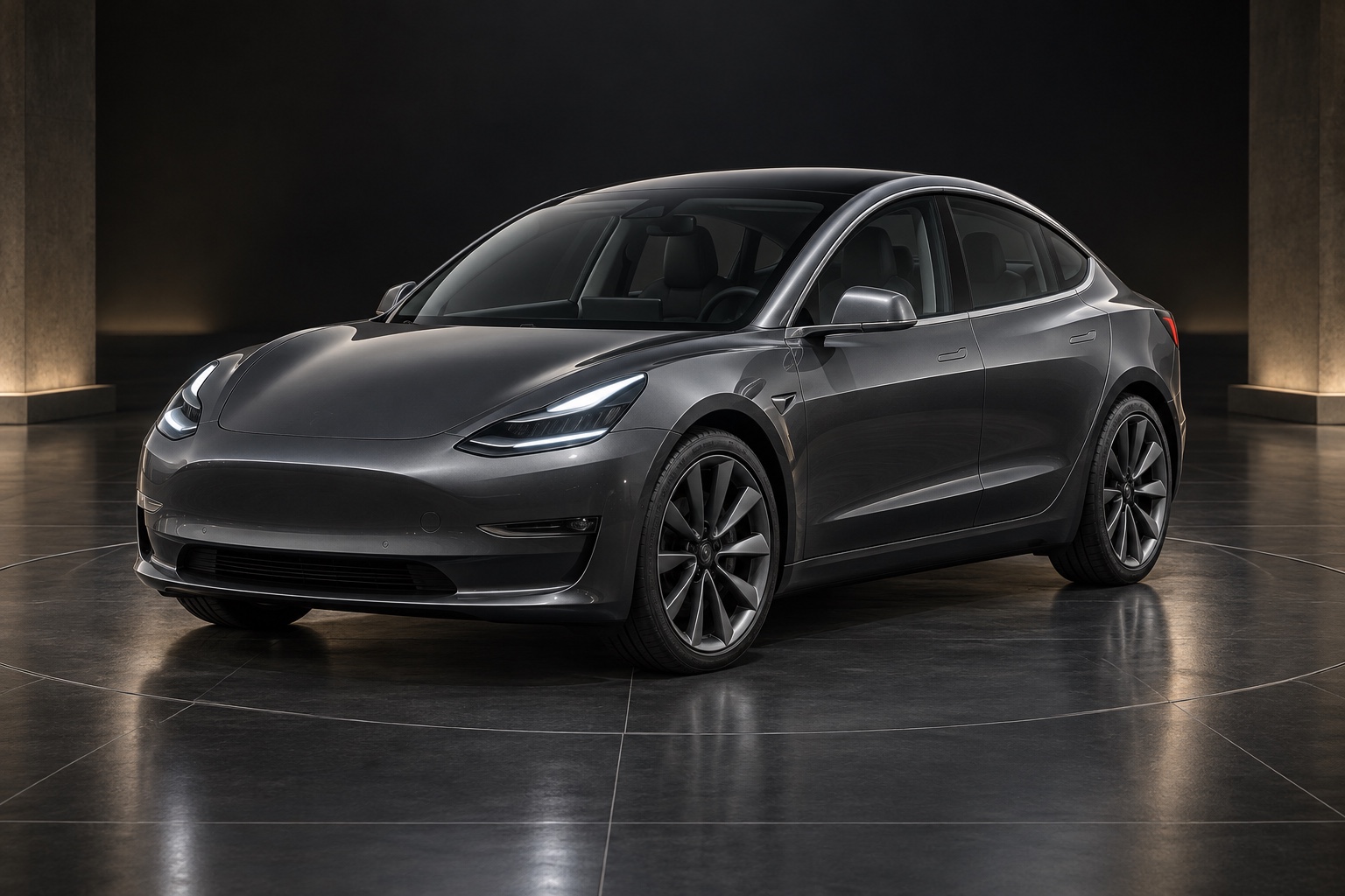 Conceptual assembled Tesla Model 3-class electric vehicle in a dark museum studio